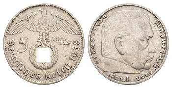 Германия 5 рейхсмарок 1938 D, Гинденбург, символика KM 94 серебро 1518-924