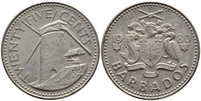 Барбадос 25 центов 1980 ветряная мельница Моргана Льюиса KM 13 медно-никель 4398-357