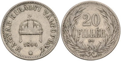 Венгрия 20 филлеров 1894 KB, Франц Иосиф I (1848-1916) KM 483 никель 4151-953