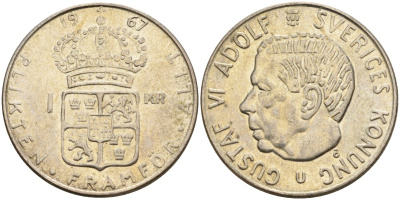 Швеция 1 крона 1967 U, Густав VI Адольф (1950-1973) KM 826 серебро 4150-233