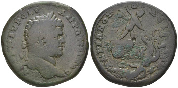 Римская Империя, Провинция Фракия, Адрианополь АЕ 198 - 217 Каракалла, бюст императора / Триптолем и Гея, 14,87 гр, Very rare Varbanov 3591 медь 1073-22-72