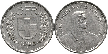 Швейцария 5 франков 1968 В, первый год KM 40а.1 медно-никель 4536-112