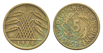 Германия 5 рейхспфеннигов 1924 J KM 39, J. 316 алюминиевая бронза 4636-661
