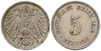 Германия 5 пфеннигов 1913 E, KM 11, J. 12 медно-никель 220-662