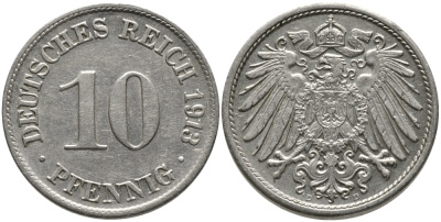 ГЕРМАНИЯ 10 ПФЕННИГОВ 1913 D KM 12, J.13 медно-никель 96-629