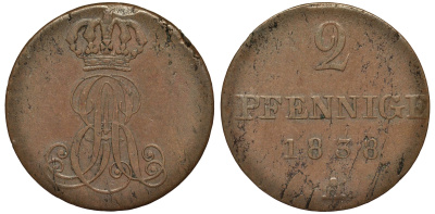 Ганновер 2 пфеннига 1838 A, Эрнст Август (1837-1851) KM 174.1, AKS 122, J. 55 медь 75-635