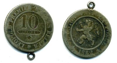БЕЛЬГИЯ 10 САНТИМОВ 1862 ПОДВЕСКА KM 22 медно-никель 04-134
