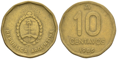Аргентина 10 сентаво 1986 герб KM 98, Schon 98 латунь    60-1032