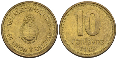 Аргентина 10 сентаво 1993 KM 107, CJ 3, Schon 110 алюминиевая бронза 4609-1251