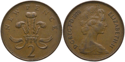 Великобритания 2 пенса 1979 Елизавета II (1952-2022) KM 916, Spink 4235 (C1) бронза 181-624