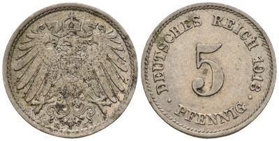 Германия 5 пфеннигов 1913 E, KM 11, J. 12 медно-никель 220-662