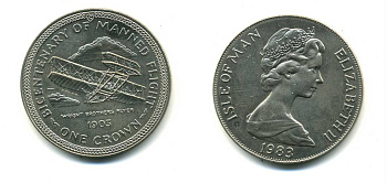 ОСТРОВ МЭН 1 КРОНА 1983 СЕРИЯ 200 ЛЕТ ПИЛОТИРУЕМОМУ ПОЛЕТУ, БИПЛАН БРАТЬЕВ РАЙТ КМ 104 медно-никель UNC 58-724