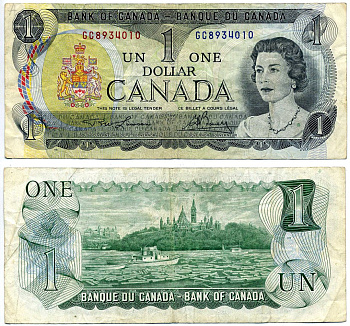Канада 1 доллар 1973 Елизавета II (1952- ), здание парламента на реке Оттава, Lawson-Bouey, серии 2 буквы Pick 85 a (1)  бумага 2192-20-1-2