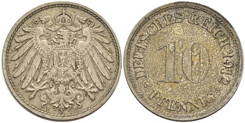 ГЕРМАНИЯ 10 ПФЕННИГОВ 1912 F KM 12, J. 13, Weege 8 медно-никель 212-216