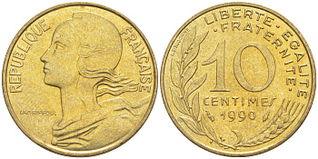 Франция 10 сантимов 1990 тип Marianne KM 929, LE FRANC 144.30 медь алюминий никель 4511-955