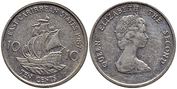 Восточно-Карибские штаты 10 центов 1987 Елизавета II (1952-2022), парусник KM 13 медно-никель 4396-615