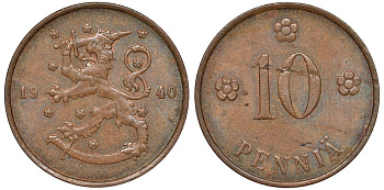 Финляндия 10 пенни 1940 республика (1918-1962) KM 24 медь 51-3257