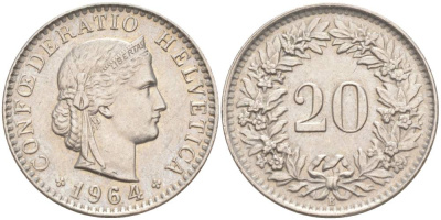 Швейцария 20 раппенов 1964 B KM 29a медно-никель 55-834