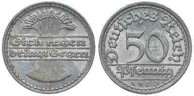 Германия 50 пфеннигов 1920 F KM 27, J. 301, Weege 10 алюминий 4119-526
