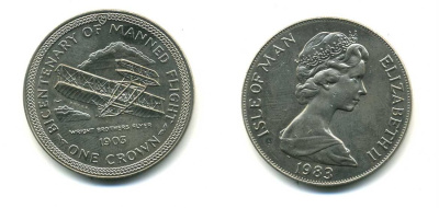 ОСТРОВ МЭН 1 КРОНА 1983 СЕРИЯ 200 ЛЕТ ПИЛОТИРУЕМОМУ ПОЛЕТУ, БИПЛАН БРАТЬЕВ РАЙТ КМ 104 медно-никель UNC 00-00