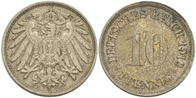 ГЕРМАНИЯ 10 ПФЕННИГОВ 1912 F KM 12, J. 13, Weege 8 медно-никель 212-216