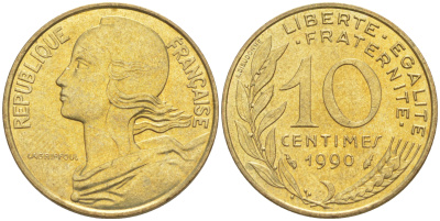 Франция 10 сантимов 1990 тип Marianne KM 929, LE FRANC 144.30 медь алюминий никель 4511-955