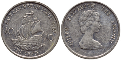 Восточно-Карибские штаты 10 центов 1987 Елизавета II (1952-2022), парусник KM 13 медно-никель 4396-615