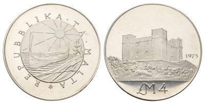 Мальта 4 лиры (фунта) 1975 Башня Святой Агаты KM 33 серебро BU 270-611