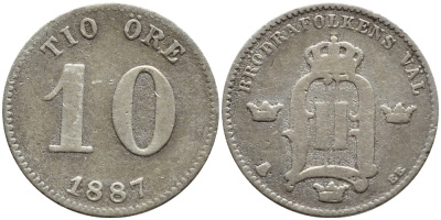 Швеция 10 эре 1887 EB, Оскар II (1872-1907) король Швеции и Норвегии KM 755 серебро 1530-534