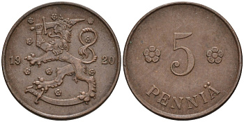Финляндия 5 пенни 1920 KM 22 медь 96-323