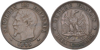 Франция 2 сантима 1855 ВВ, Наполеон III (1852-1870) KM 776.3, Le Franc 107.23 бронза 4584-154