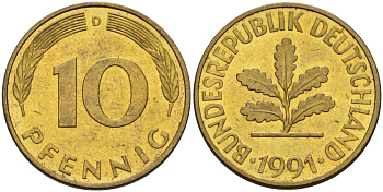 ФРГ 10 пфеннигов 1991 D KM 108, J. 383 сталь плакированная латунью 4175-1124