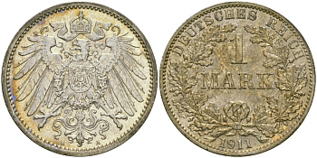 Германия 1 марка 1911 A Weege 18, J. 17, KM 14 серебро aUNC 65-235