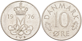 Дания 10 эре 1976 S; B, Маргрете II (1972- ) KM 860.1 медно-никель 105-927