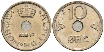 Норвегия 10 эре 1947 Хокон VII (1905-1957) КМ 383 медно-никель    4169-319