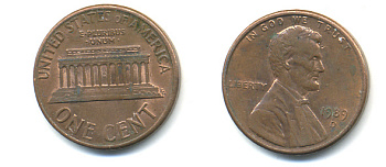 США 1 цент 1989 D, Линкольн KM 201b цинк плакированный медью 86-246