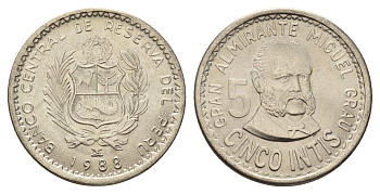 Перу 5 инти 1988 LIMA, Мигель Грау KM 300 медно-никель UNC 3334-642
