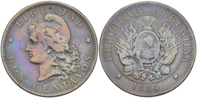 Аргентина 2 сентаво 1884 голова свободы влево KM 8 бронза 4512-726