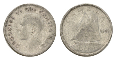 Канада 10 центов 1949 Георг VI (1936-1952) KM 43 серебро 4623-862