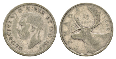 Канада 25 центов 1942 Георг V (1910-1936), олень KM 35 серебро 73-1244