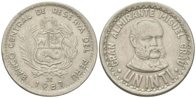 Перу 1 инти 1987 Мигель Грау KM 296 медно-никель 4398-115