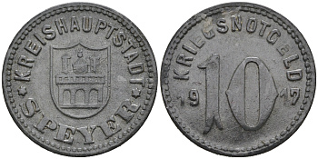 ШПЕЕР 10 ПФЕННИГОВ 1919 КРИГСНОТГЕЛЬД, ЗЕМЛЯ ПФАЛЬЦ цинк 75-1612