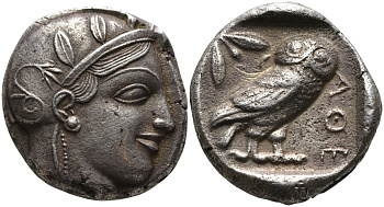 Древняя Греция, Аттика, Афины тетрадрахма 454 - 404 гг. до н.э. голова Афины  / АФЕ, сова, оливковая ветвь, полумесяц, 16,74 гр Kroll 8 серебро 10-020-66