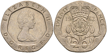 Великобритания 20 пенсов 1982 Елизавета II (1952-2022) KM 931, Spink 4230 (G1) медно-никель    4603-1016