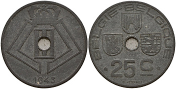 Бельгия 25 сантимов 1943 Belgie - Belgique, Леопольд III (1934-1947), германская оккупация, Вторая мировая война KM 132 цинк 4157-536