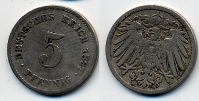 ГЕРМАНИЯ 5 ПФЕННИГОВ 1897 G, KM 11, J. 12 медно-никель 51-5269