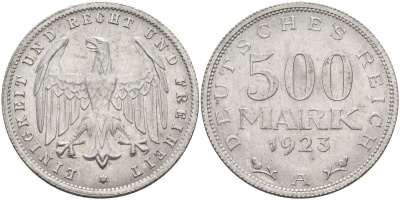 Германия 500 марок 1923 А KM 36, J.305 алюминий 221-631