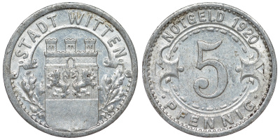 Германия, Виттен 5 пфеннигов 1920 Северный Рейн-Вестфалия, нотгельд Funck 604.7A алюминий 4119-814