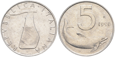 Италия 5 лир 1998 R, дельфин KM 92 алюминий  UNC  4594-935