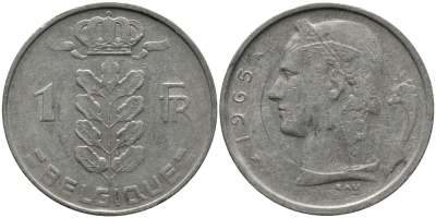 БЕЛЬГИЯ 1 ФРАНК 1965 BELGIQUE KM 142.1 медно-никель 98-615